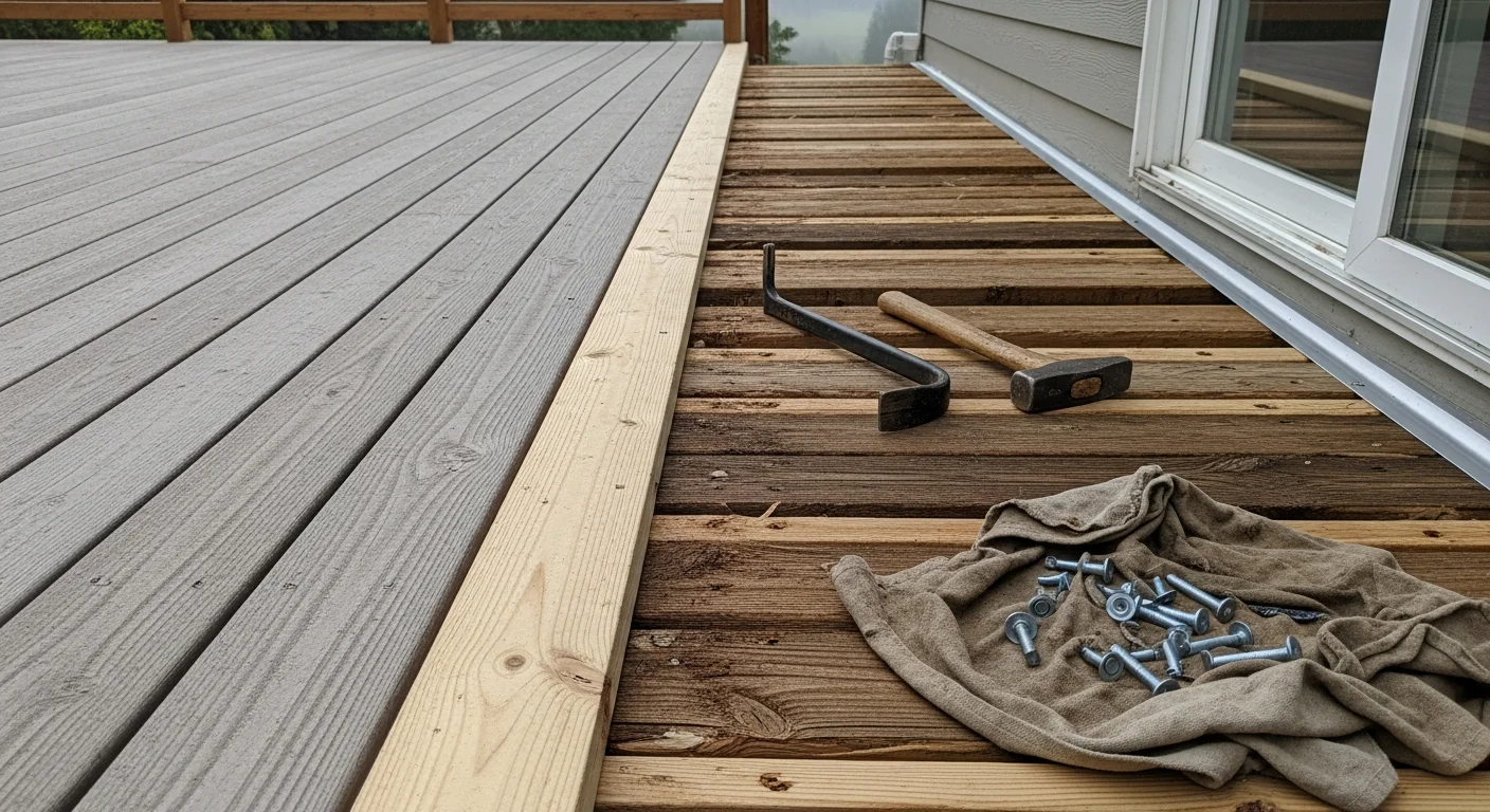 A repaired wood deck attached to a residential home in Longview, Washington, showing replaced boards, new railing sections, and a clean sealed surface. The surrounding yard reflects the Pacific Northwest evergreen landscape typical of the Cowlitz County area.