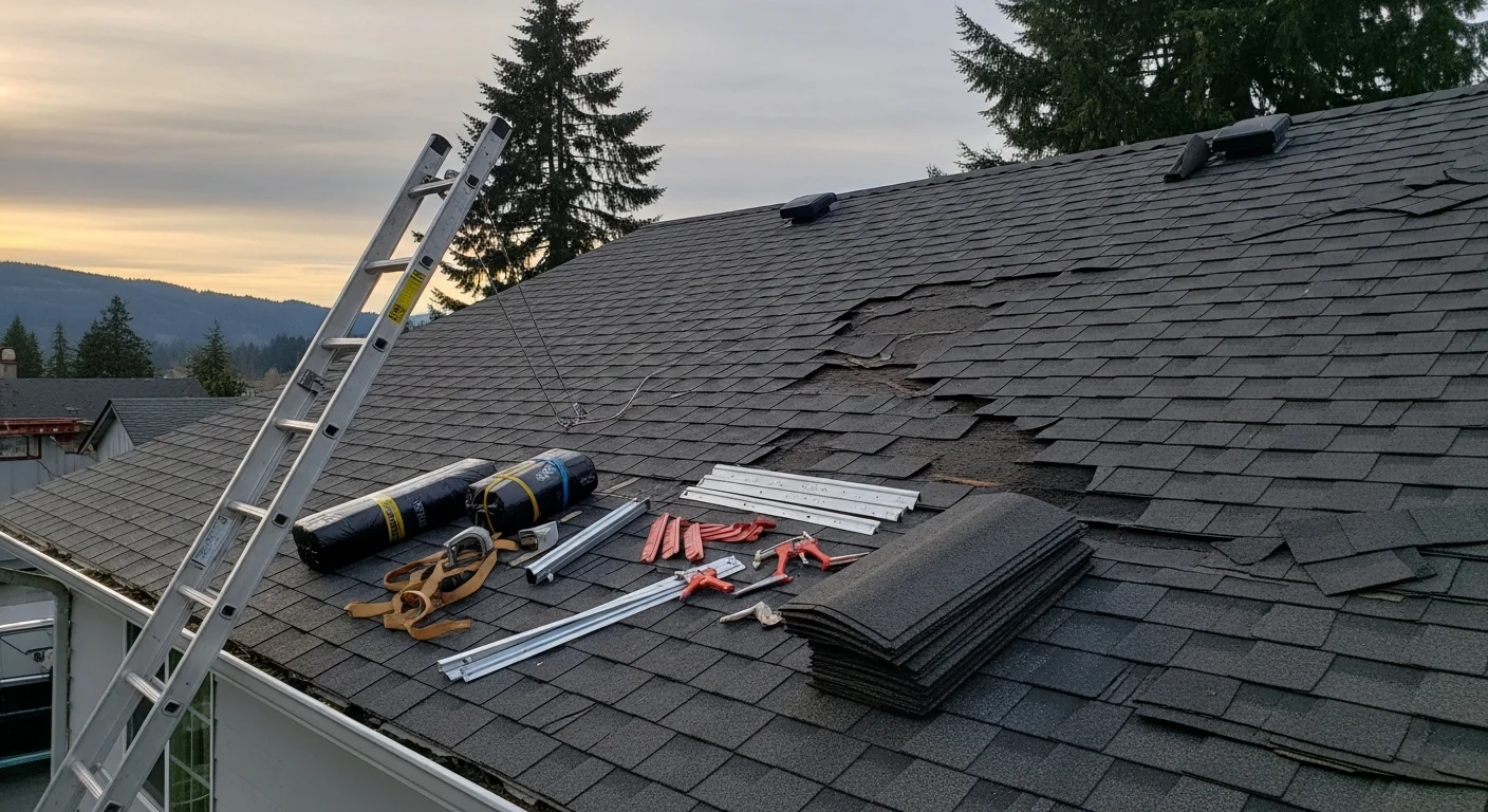 A residential roof in Longview, Washington showing storm damage with missing shingles and exposed decking along the ridge line. A roofing contractor from Black Bear Home Exteriors inspects the damaged section from a ladder positioned against the home's exterior.
