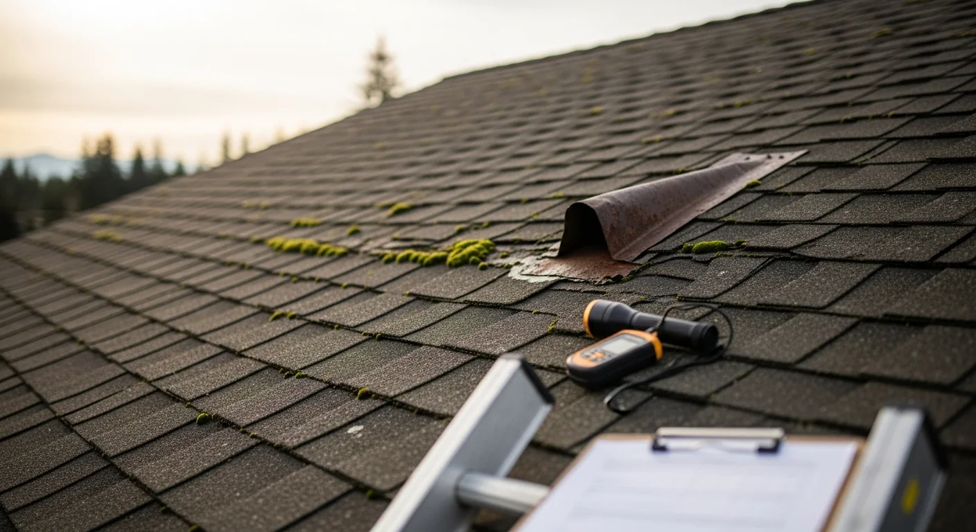 A Black Bear Home Exteriors roofing contractor inspecting shingles and flashing on a residential roof in Longview, WA. The image shows a close-up view of the roof surface with visible moss growth and weathered shingles typical of Pacific Northwest homes in Cowlitz County.