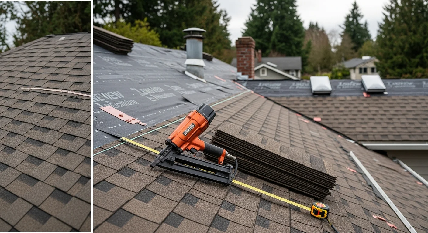 A newly installed residential roof on a single-family home in Longview, Washington, showing clean ridge lines and uniform shingle courses against a Pacific Northwest sky. The surrounding yard and landscaping are undisturbed, reflecting a tidy job site after roof installation completion.