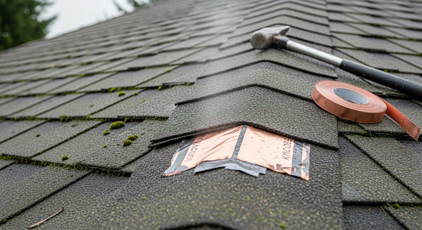 A residential roof in Longview, WA showing a completed shingle repair on a steep-pitched home with the Columbia River Valley tree line visible in the background. A Black Bear Home Exteriors crew member inspects the repaired flashing along the roofline edge.