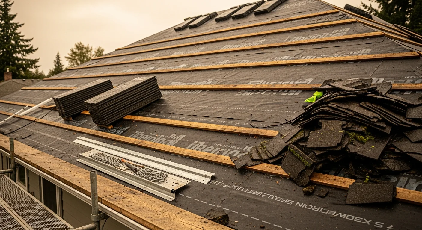 A completed residential roof replacement on a single-family home in Longview, Washington, showing new uniform shingles, clean ridge lines, and finished flashing around the chimney and eaves. The surrounding tree line and overcast Pacific Northwest sky reflect the wet climate conditions the roof system is built to handle.