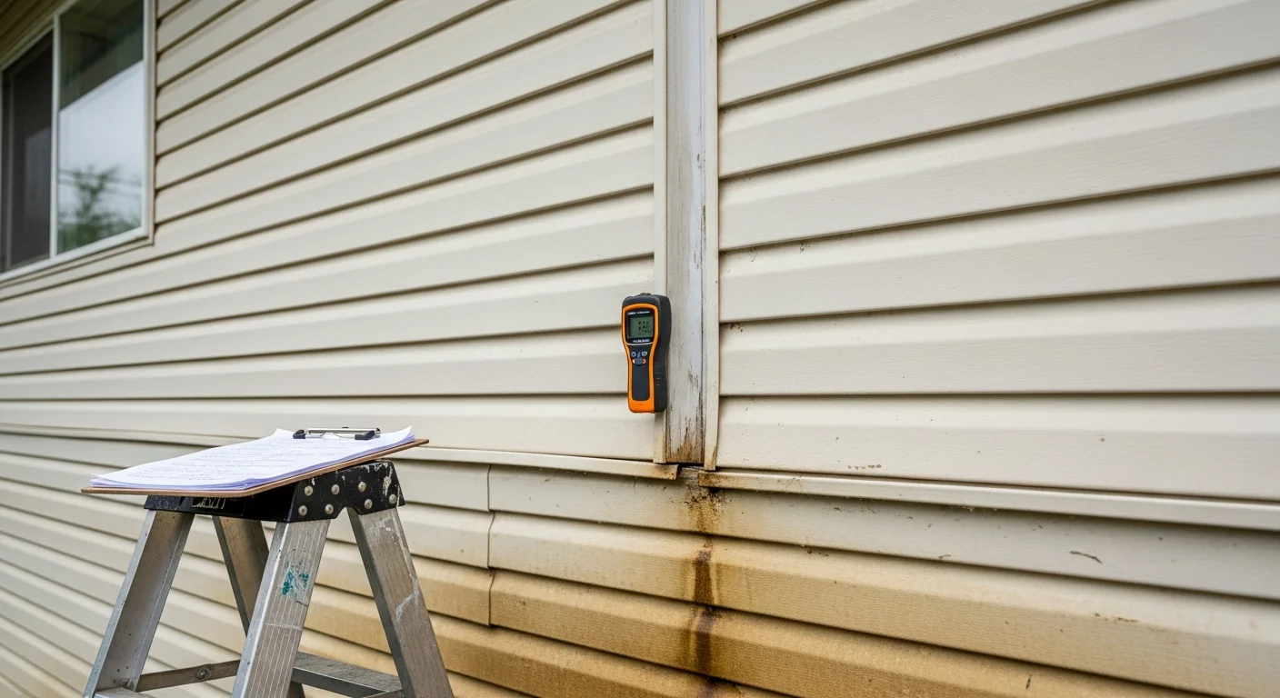 A Black Bear Home Exteriors contractor inspecting siding panels on a single-family home in Longview, Washington, checking seams and trim for moisture damage and wear. Close-up view shows a gloved hand pressing along a panel edge near a window frame on a cloudy Pacific Northwest day.