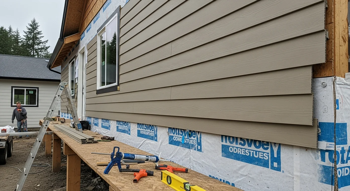 Freshly installed siding on a single-family home in Longview, Washington, with clean panel alignment and new flashing visible at window openings. The completed exterior shows tight joints and a weather-ready finish suited to the wet Pacific Northwest climate.