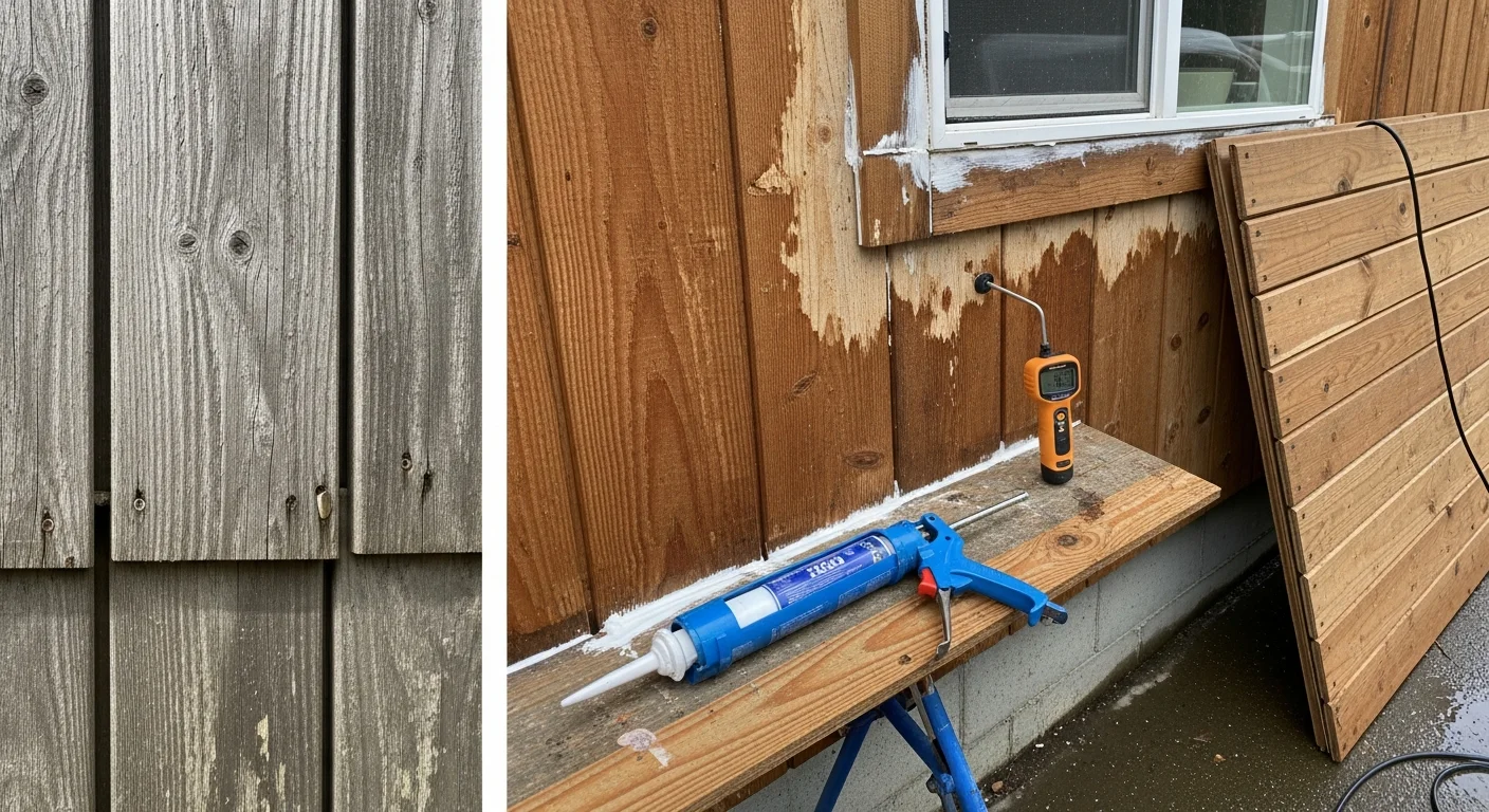 A Black Bear Home Exteriors crew member repairing damaged siding panels on a single-family home in Longview, WA. Replaced sections show clean, flush panel alignment against the home's exterior wall.