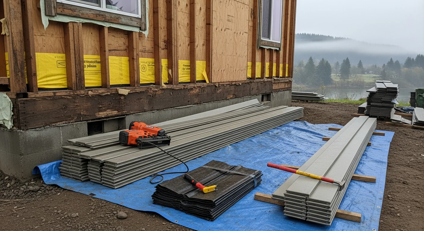 A two-story Longview, Washington home with freshly installed exterior siding, showing clean panel alignment and sealed window trim. The surrounding Columbia River valley tree line is visible in the background.