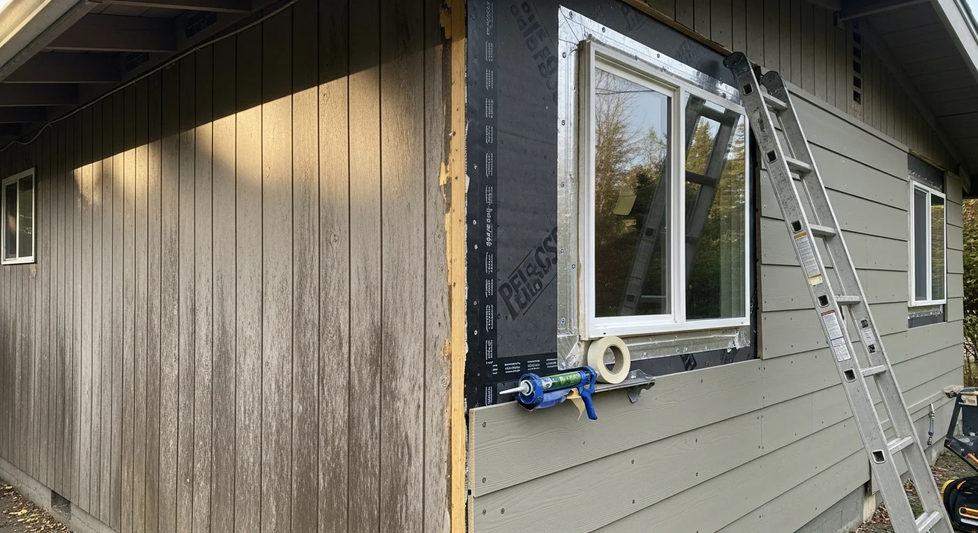 A Longview, Washington single-family home with newly installed exterior siding replacing deteriorated original cladding. Fresh trim and flashing are visible at window and door transitions on the completed exterior.