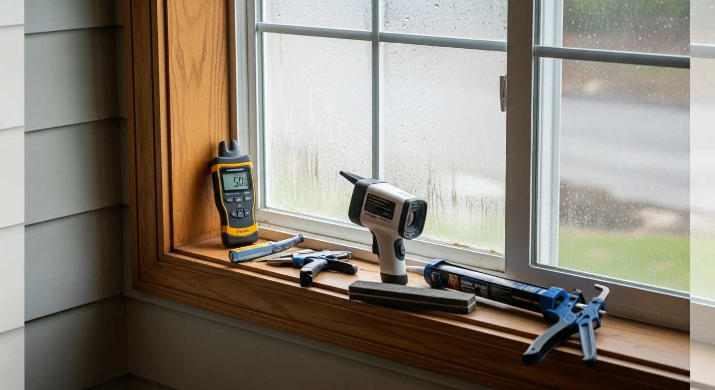 A Black Bear Home Exteriors technician examining a window frame and seal on a residential home exterior in Longview, Washington. Close-up view shows the inspector checking caulking and weather stripping along the window sill.