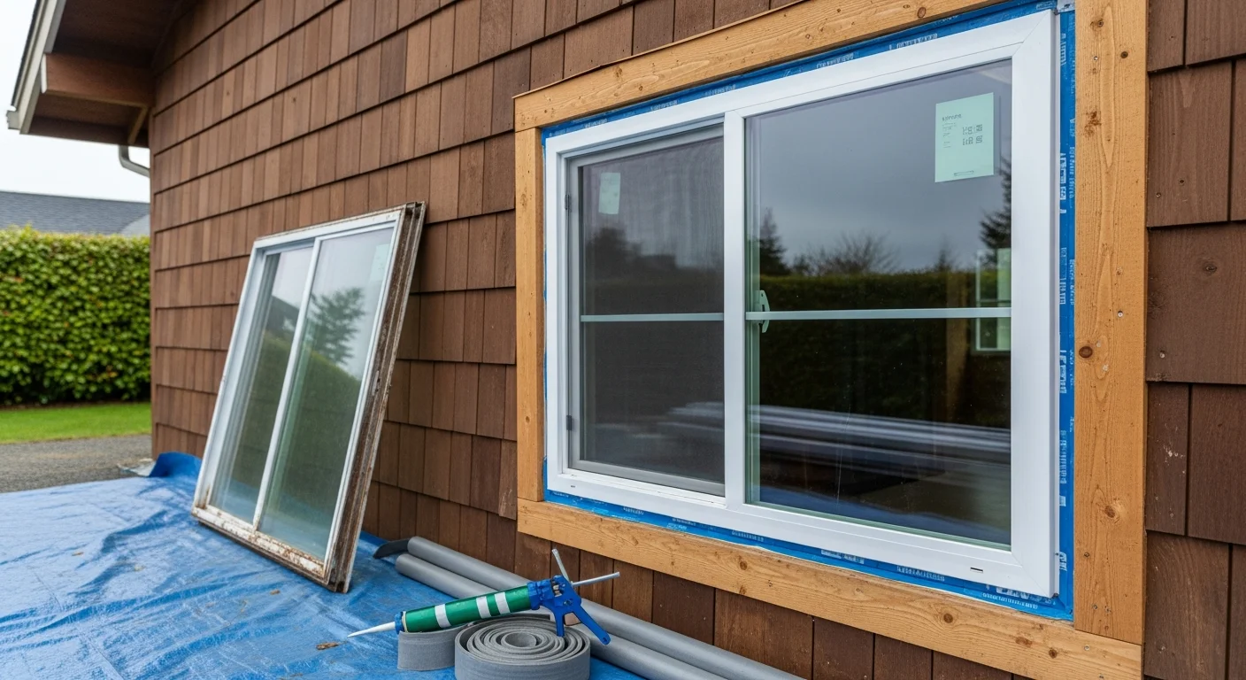 A Black Bear Home Exteriors installer fitting a new window into a residential home exterior in Longview, Washington. The finished frame sits flush against the siding with clean weatherproofing visible around the edges.