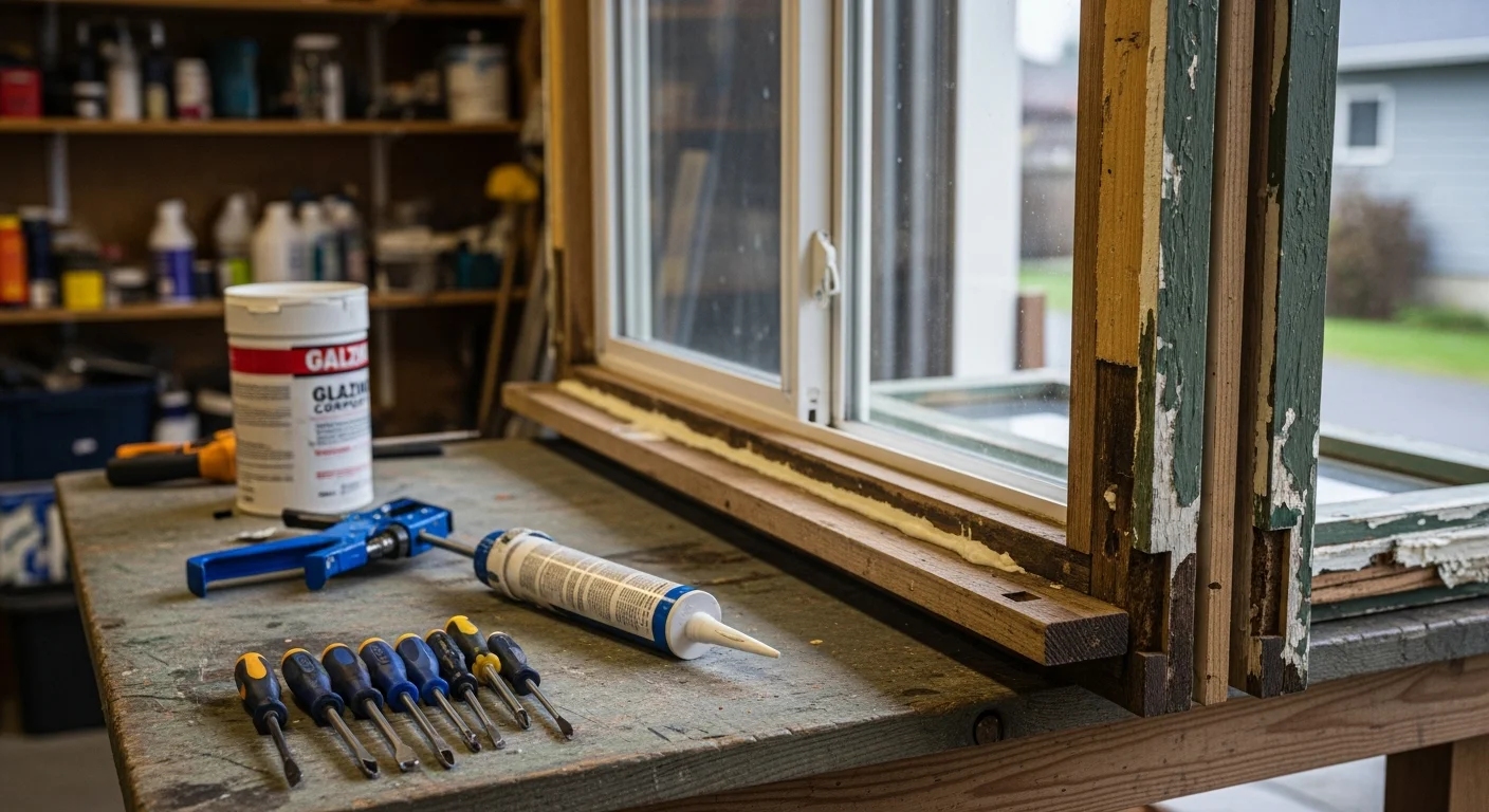 A Black Bear Home Exteriors technician repairing a wood-framed window on a single-family home in Longview, Washington. The image shows the window frame and sash being inspected from the exterior on an overcast Pacific Northwest day.