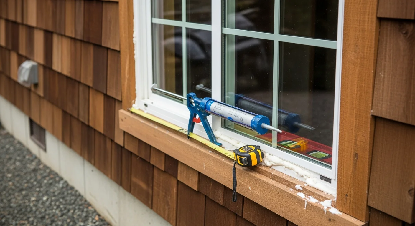 A Longview, Washington home with newly installed replacement windows, showing clean frames and clear glass on a wet Pacific Northwest day. Black Bear Home Exteriors completed the full-house window replacement on a single-story residential property in the Longview metro area.