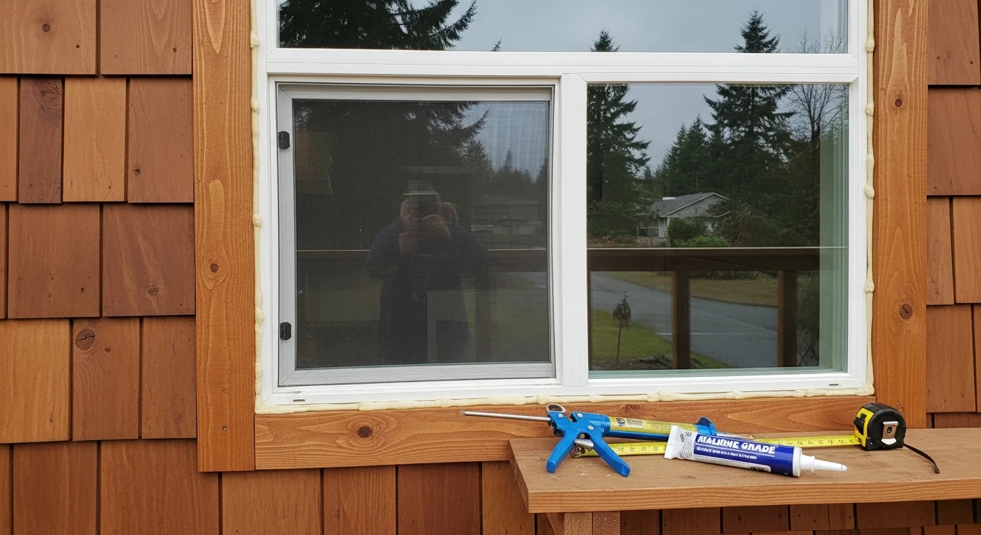 A newly installed replacement window on a single-story residential home in Longview, Washington, with clean exterior trim and a view of a green Pacific Northwest yard. The window frame is flush with the siding, showing a completed upgrade by Black Bear Home Exteriors.